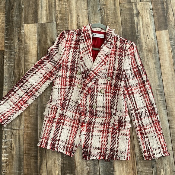 Zara Red, Cream, Black Blazer with Plaid Design and Gold Threading - Picture 2 of 6